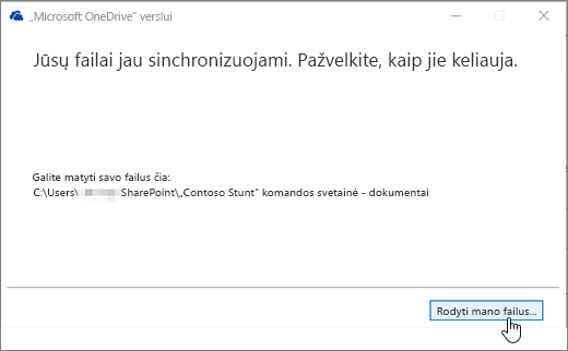 "OneDrive" verslui sinchronizavimo dialogo langas Rodyti mano failus paryškintas.