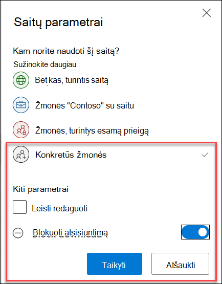 "OneDrive" atsisiuntimo blokavimo parinktis dalyje Saito parametrai