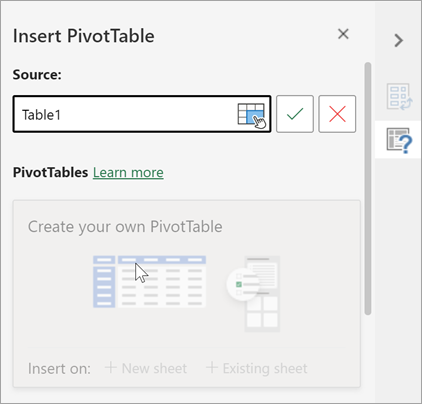 Įterpkite "PivotTable" sritį, kurioje prašoma lentelės ar diapazono naudoti kaip šaltinį ir pakeisti paskirties vietą.