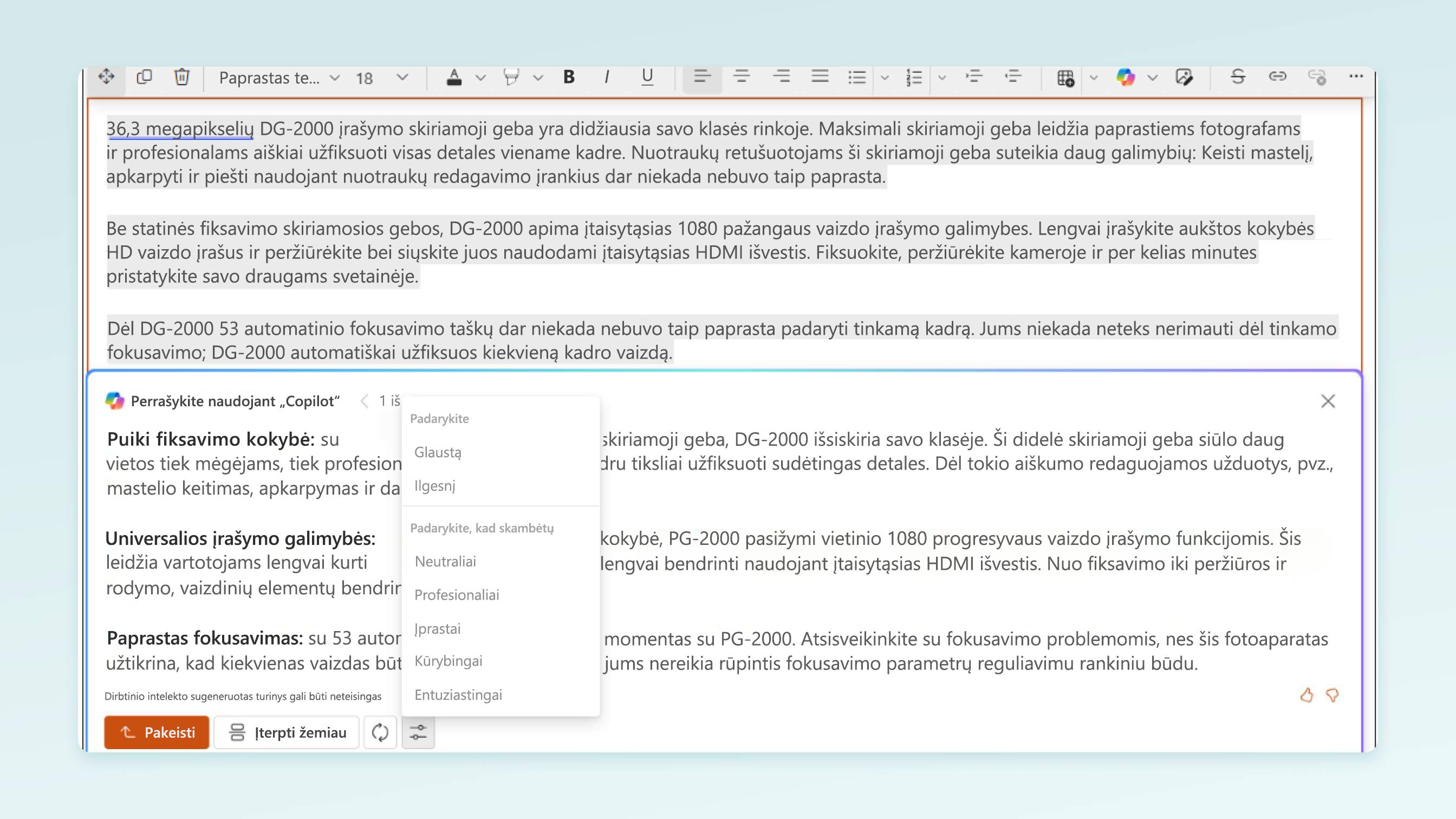 Nukreipimo puslapio rašymo naudojant „Copilot“ programoje „SharePoint“ raiškiojo teksto rengyklėje ekrano kopija