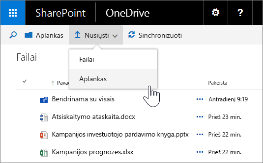 Aplanko nusiuntimo į „OneDrive“ verslui, skirtą „SharePoint Server 2016“ su 1 funkcijų paketu, ekrano nuotrauka