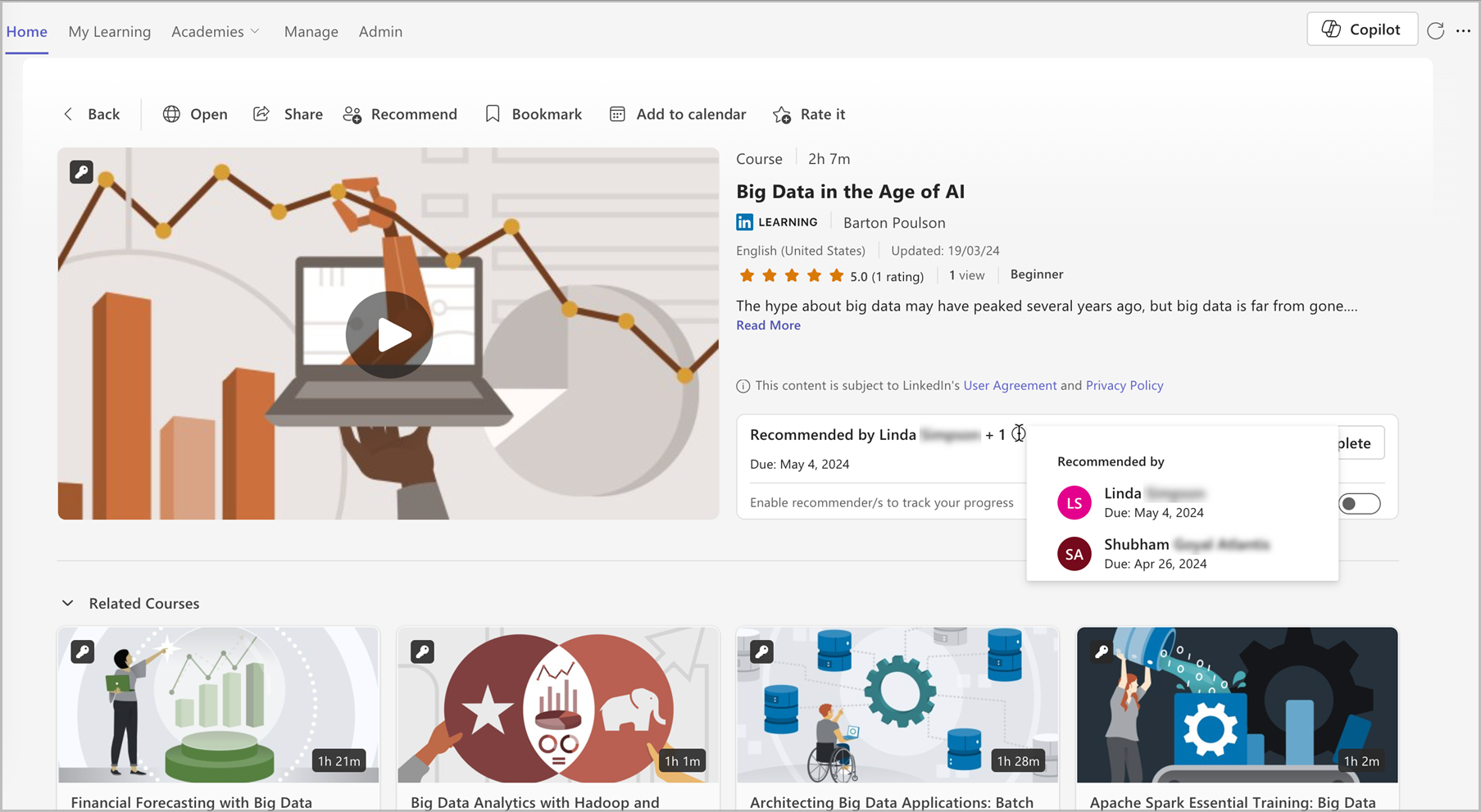 Viva Learning pagrindinio puslapio, kuriame vartotojas užveda žymiklį ant kurso dalies Rekomenduojama, ekrano nuotrauka.