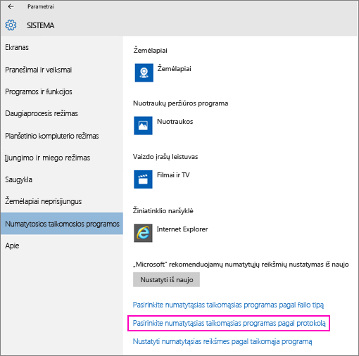 „Windows 10“ parametro Nustatyti numatytąsias taikomąsias programas ekrano nuotrauka.
