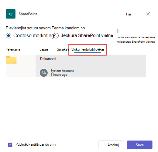 Pievienojiet SharePoint dokumentu bibliotēku programmā Teams.