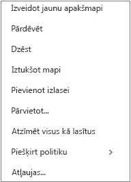 Kontekstizvēlne vai īsinājumizvēlne, kas tiek rādīta, ja ar peles labo pogu noklikšķināt uz personiskās mapes