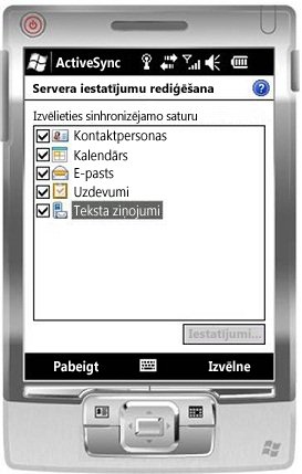 Izvēles rūtiņas Teksta ziņojumi atlasīšana programmā Windows Mobile 6.5