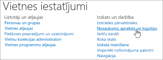 Vietnes iestatījumi ar atlasītu virsrakstu, aprakstu, logotipu