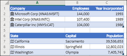 Akciju un ģeogrāfijas datu tipu attēls programmā Excel tīmeklī