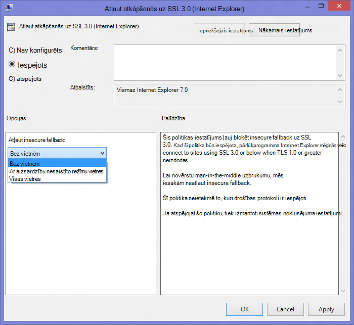 Atļaut atkāpšanās uz SSL 3.0 (Internet Explorer) 