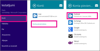 Windows 8 Mail izvēlnes lapas: Iestatījumi > Konti > Pievienot kontu