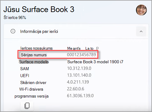 Ierīces Surface sērijas numura atrašana programmā Surface.
