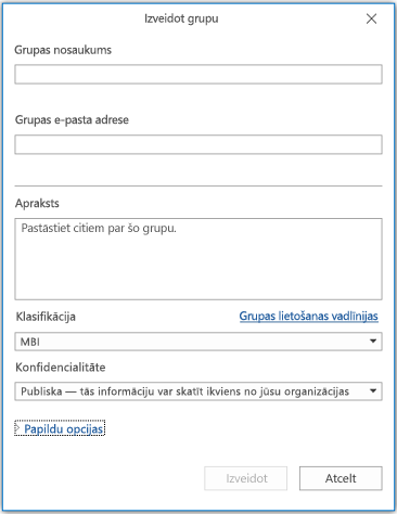 Jauna grupas informācijas lapa programmā Outlook