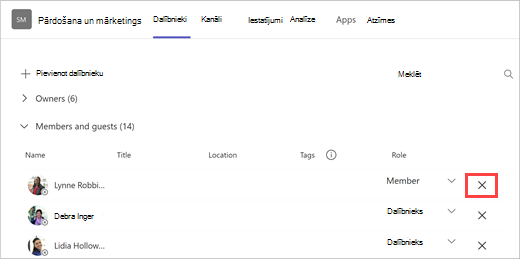 Ekrānuzņēmums ar grupas dalībnieku sarakstu, kurā redzamas opcijas Pievienot dalībnieku, Meklēt un Noņemt. Lai noņemtu komandas biedra vārdu, atlasiet X pa labi no tā.