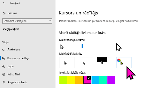 Rādītāja lieluma un krāsas maiņa Windows 10 Iestatījumi programmā