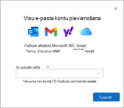 Konta pievienošanas dialoglodziņš programmā Outlook darbam ar Windows