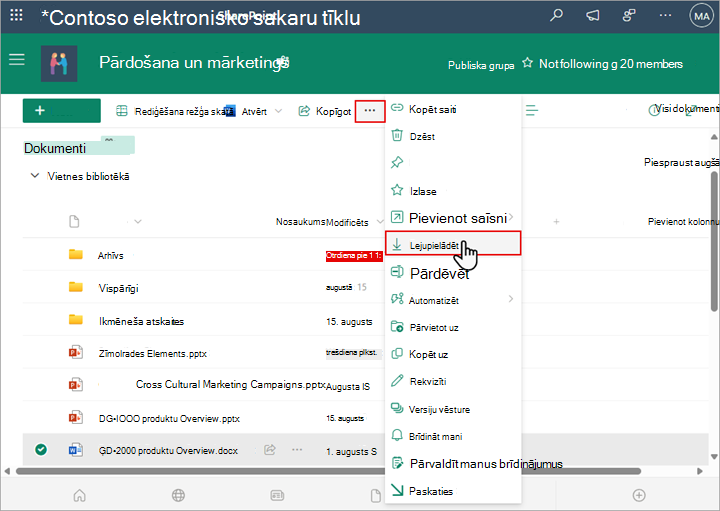 Izmantojiet Komandu SharePoint lejupielāde, lai lejupielādētu un saglabātu faila vai mapes lokālu kopiju.