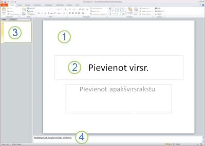 PowerPoint 2010 darbvieta vai normālskats ar četriem atzīmētiem apgabaliem.