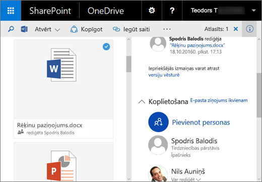 Ekrānuzņēmums, kurā redzama detalizētās informācijas rūts pakalpojumā OneDrive darbam produktā SharePoint Server 2016 ar 1. līdzekļu pakotni