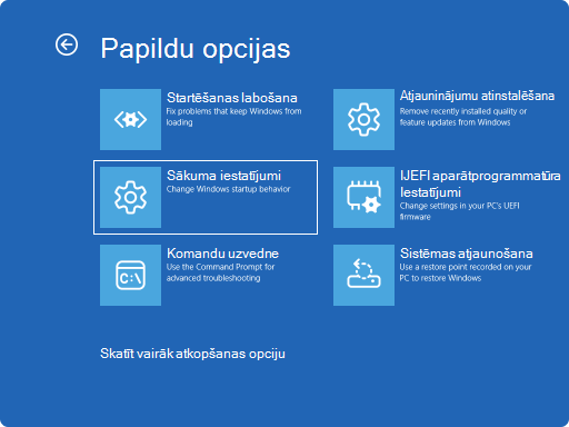 Ekrānuzņēmums, kurā redzamas Windows RE — papildu opcijas.