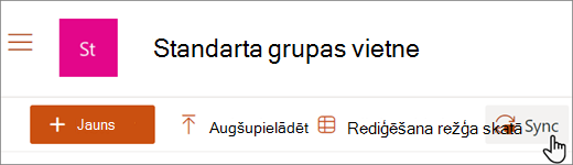 Ekrānuzņēmums, kurā redzama poga Sinhronizēt SharePoint bibliotēkā.