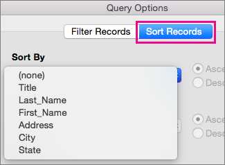 Click Sort Records to sort items in the mail merge