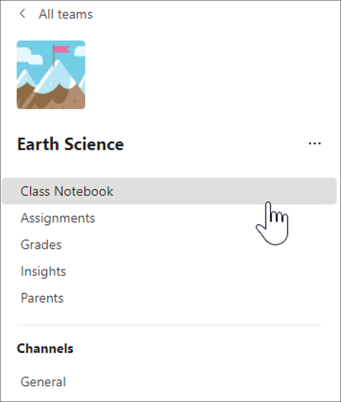 screenshot of selecting the class notebook tab on a team