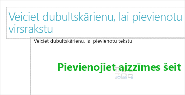 Tukša virsraksta lodziņa un tukša tekstlodziņa attēls, lai parādītu, kur darbosies aizzīmes.