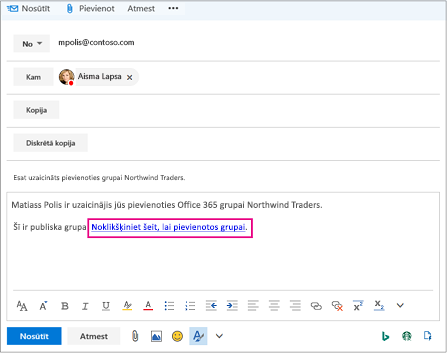 E-pasts ar saiti, kurā uzaicināt lietotāju pievienoties grupai