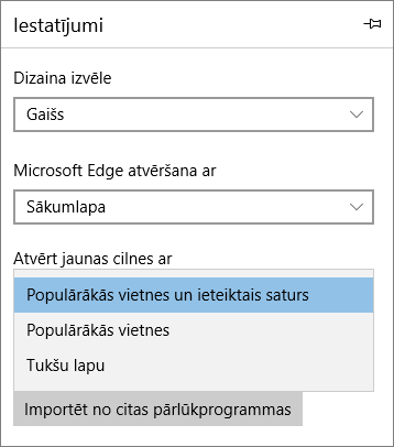 Microsoft Edge iestatījumi, lai parādītu cilni “Mans Office 365”