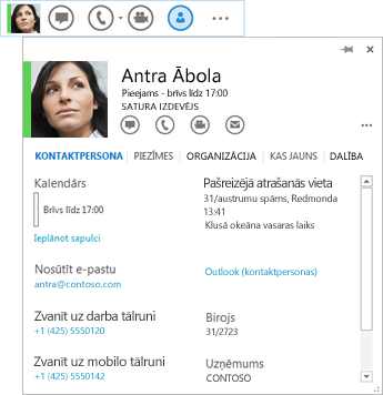 Kontaktpersonu ekrānuzņēmums ar atlasītu kontaktpersonas kartītes ikonu un parādītu atbilstošo kontaktpersonas kartīti