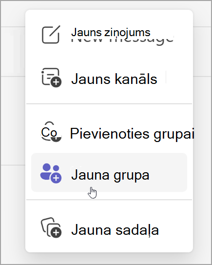 Ekrānuzņēmums ar jaunas grupas izveides opciju. Tas tiek atklāts pēc jauno vienumu opcijas atlasīšanas.