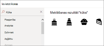 Ikonu ievietošanas lapa ar meklēšanas lodziņu "Kūcs" un parādītām 4 dažādām kūku ikonām