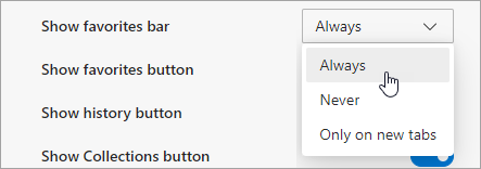 Select an option to show the favorites bar