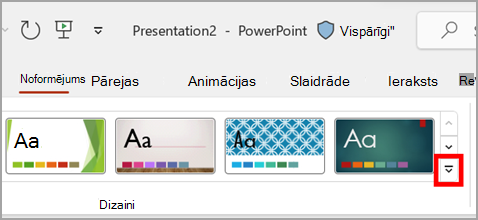 Nolaižamā bultiņa cilnes Noformējums sadaļā Dizaini programmā PowerPoint.