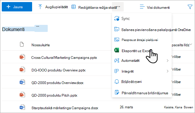 Eksportējiet sarakstus un bibliotēkas, izmantojot eksportēšanu programmā Excel.