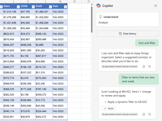 Ekrānuzņēmums, kurā redzams, kā filtrēt datus, izmantojot Copilot programmā Excel.