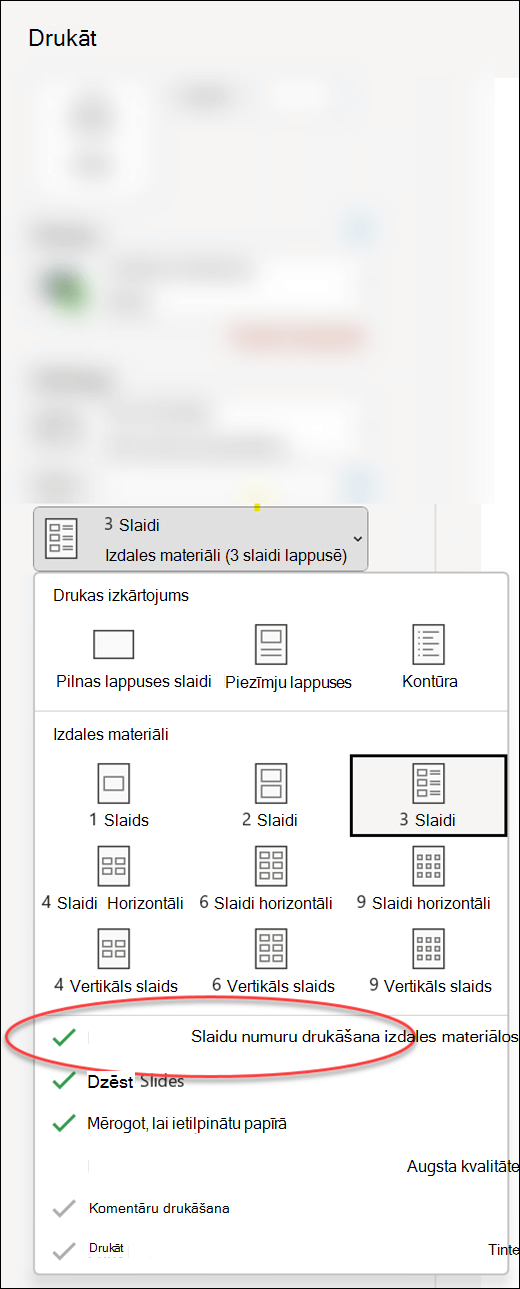 Programmas PowerPoint dialogs Drukāšana, kurā redzama opcija drukāt slaidu numurus izdales materiālos.