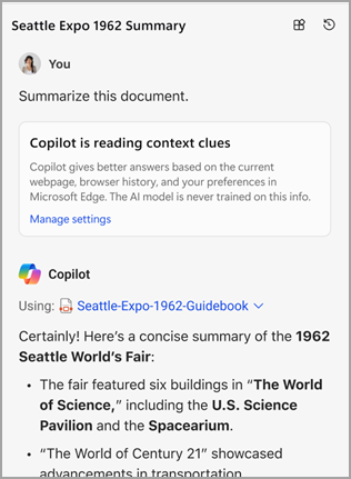 Pirmo reizi paziņojums par jūsu pārlūkošanas vēstures izmantošanu kontekstā, izmantojot Copilot programmā Microsoft Edge.