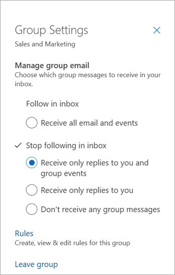 Grupas iestatījumu panelī atlasiet sekošanas preferenci vai atlasiet Atstāt