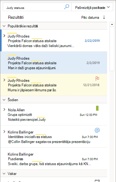 Ekrānuzņēmums, kurā attēloti galvenie rezultāti programmā Outlook darbam ar Windows.