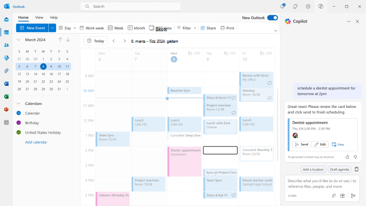 Ekrānuzņēmums, kurā parādīts, kā programmā Outlook rezervēt tikšanās, izmantojot tērzēšanu ar palīdzību.