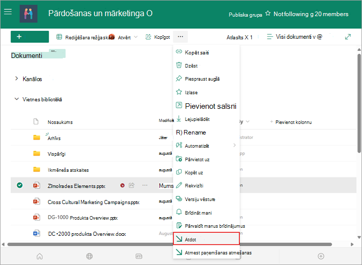 Varat atlasīt atd izvēlnes opciju, lai atgrieztu dokumentu bibliotēkā.
