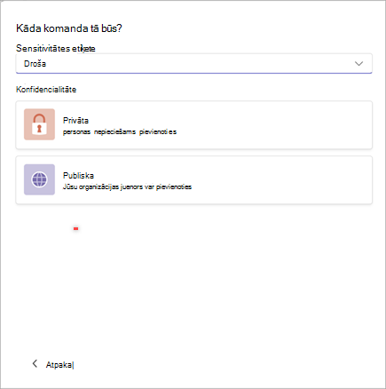 Ekrānuzņēmums, kurā redzams logs jaunas grupas  izveidei lietojumprogrammā Microsoft Teams ar opcijām iestatīt jutīgumu kā "Drošs" un privātums kā "privāts" vai "publisks".