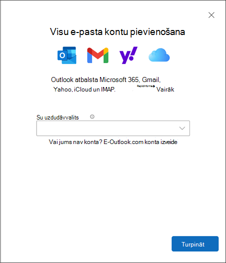 Konta pievienošana jaunajā programmā Outlook darbam ar Windows