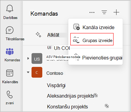 Ekrānuzņēmums ar izvēlni ar opcijām izveidot kanālu, izveidot grupu vai pievienoties grupai. Atlasiet izveidot grupu, lai izveidotu grupu. Tajā redzams arī esošo grupu un kanālu saraksts.