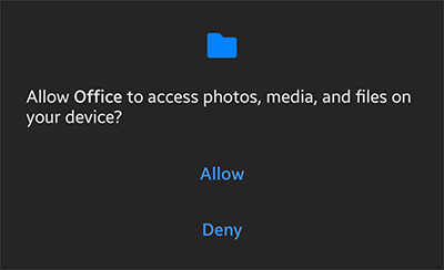 Mantota failu piekļuves uzvedne programmā Microsoft Office darbam ar Android