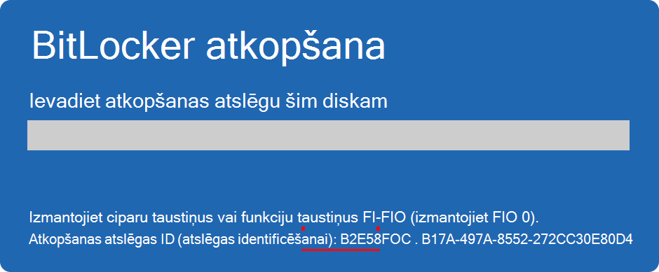 BitLocker atkopšanas ekrāna ekrānuzņēmums, kurā iezīmēts atslēgas ID.