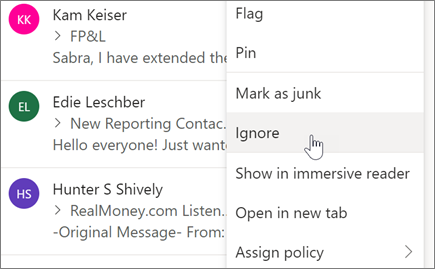 E-pasta sarunas ignorēšana programmā Outlook tīmeklī