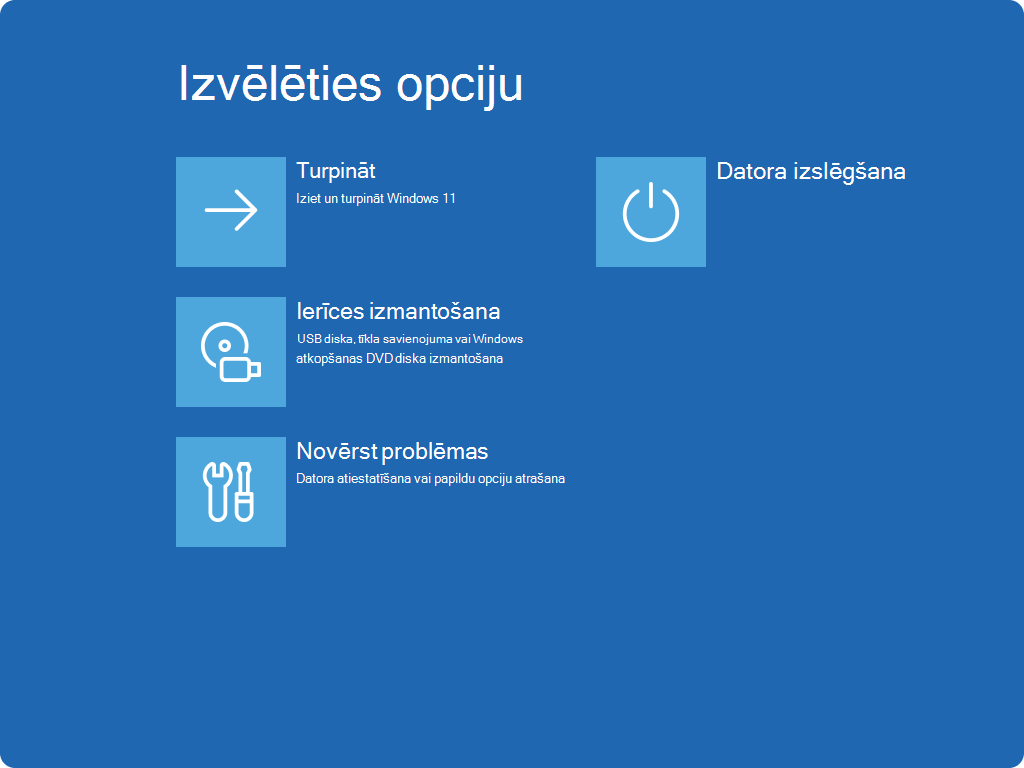 Ekrānuzņēmums ar opciju izvēles ekrānu programmā Windows RE.