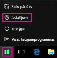 Nokļūšana sadaļā Iestatījumi no sadaļas Sākums operētājsistēmā Windows 10